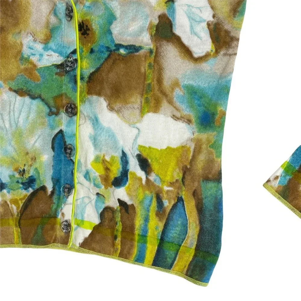 Luisa Cerano Watercolor Tye-Dye Bright Green V-neck Soft Cardigan Women's Size 6 - Picture 5 of 11